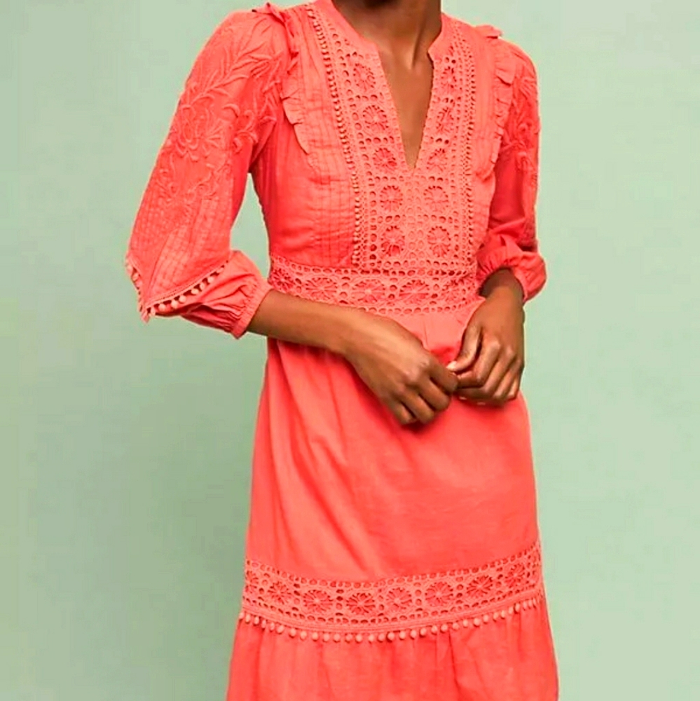Anthropologie Josephine Embroidered coral mini Dress_Akemi long sleeves Small